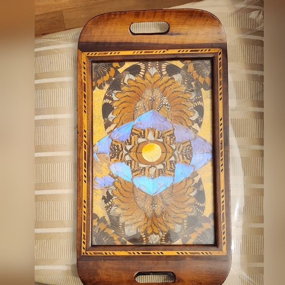 Vintage Inlaid Wood Tray with Butterfly Wings - Picture 4 of 16